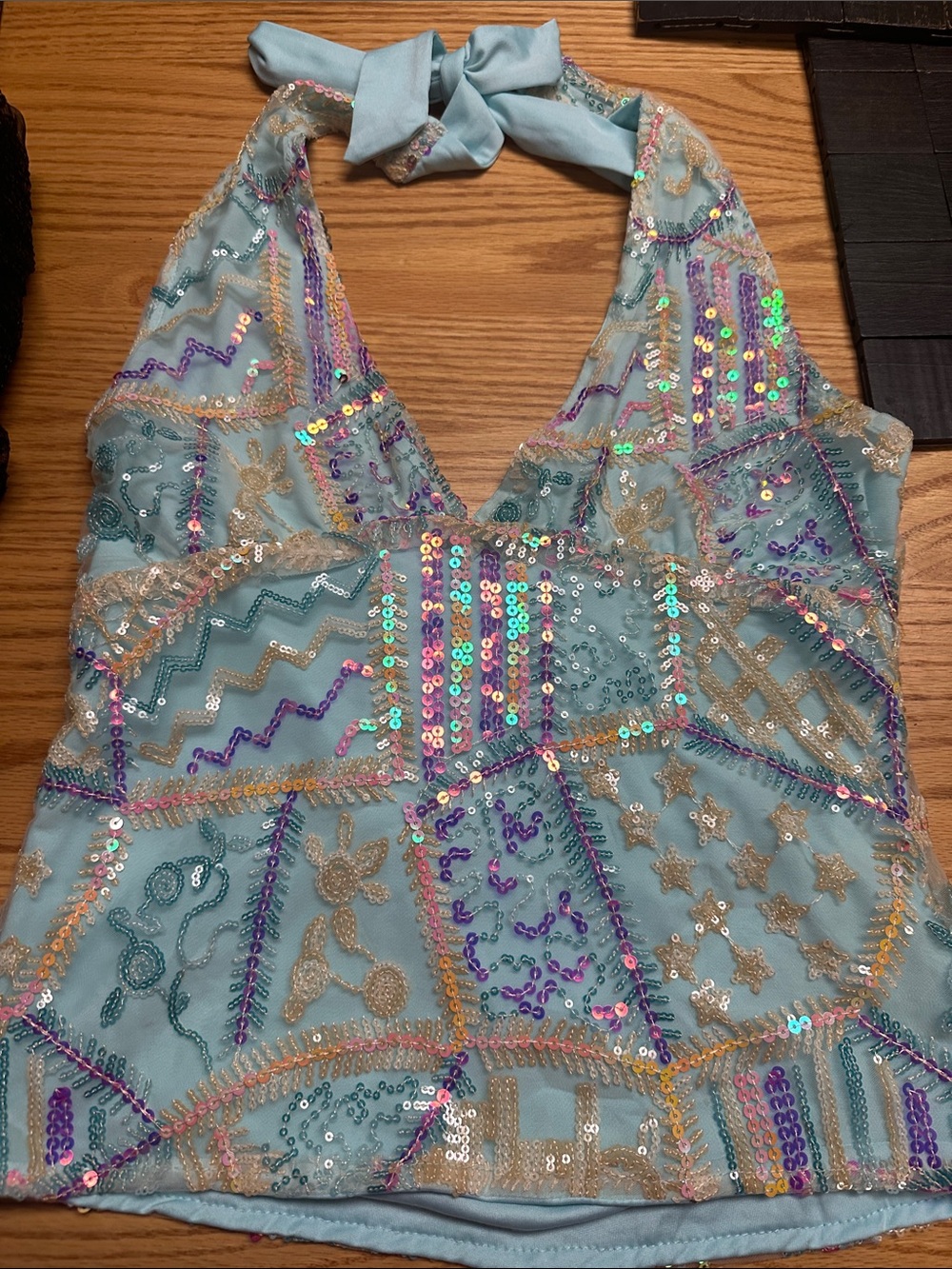 Light Blue Halter Sequin Embellished Top